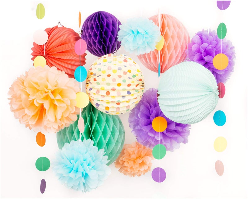 PapaKit Premium Paper Decoration Set - Pom Pom, Honeycomb and Accordion Lantern (Festive Colors) Birthday Party Baby Shower Bride to Be Engagement Wedding Events - Image 1